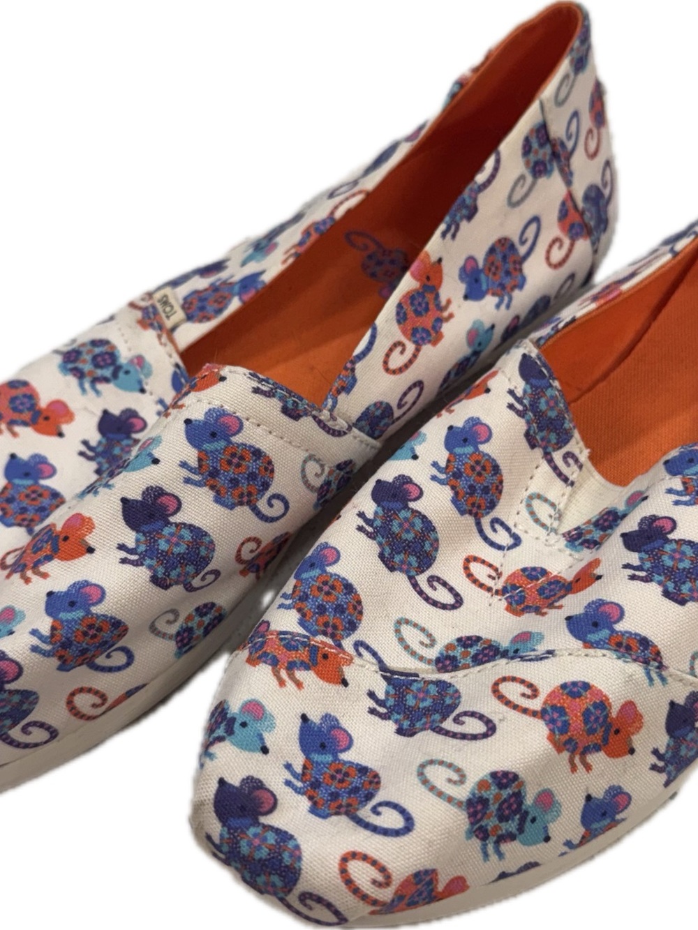 Toms Cream Canvas Slip-Ons with Blue & Purple Mouse Print and Orange Insole